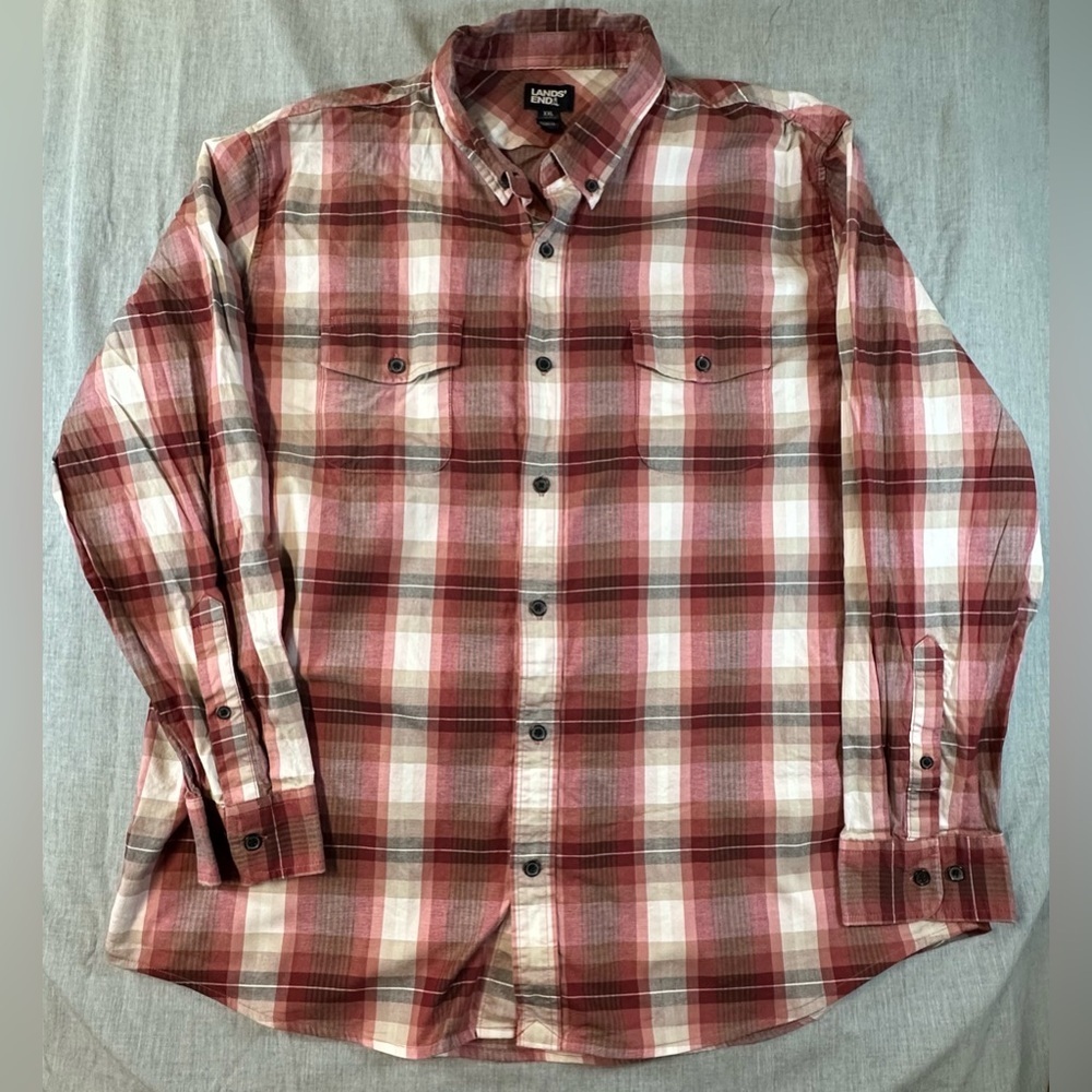 Lands' End Men's Red and White Plaid Shirt